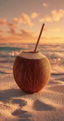A coconut with a straw, sitting on a sandy beach at sunset.  Golden hour light bathes the scene, with a calm ocean visible in the background