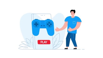 Man presenting mobile gaming app with blue gamepad and play button - Powered by Adobe