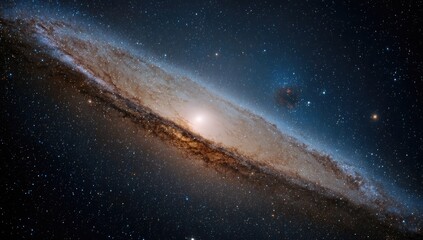 Fototapeta premium Spiral galaxy, cosmic dust, and stars. Vast expanse of space, exhibiting swirling arms of light and dark nebulae. Numerous distant stars scattered throughout. Deep space, cosmic, celestial