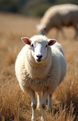 Naklejka premium Fluffy white sheep stands in dry grass field, New Zealand landscape. Another sheep grazes in soft focus background. Focus on animal husbandry, wool production, sustainable farming practices.