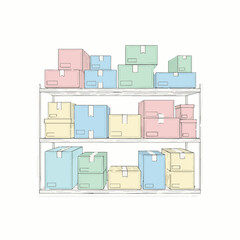 E-commerce inventory management concept with pastel colored shipping boxes stacked on shelves. Online retail warehouse logistics illustration.
