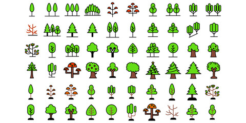 Obraz premium A vibrant collection of diverse tree icons showcasing various shapes and sizes, ideal for nature-themed projects with a clean.