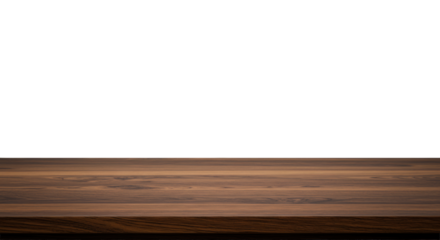 Dark natural wood table with rich earthy brown tones and prominent grain, in a modern studio with a seamless transparent backdrop and soft lighting, sharp focus, wide-angle. Concept for versatile