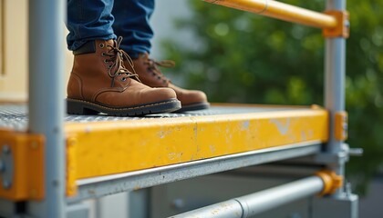 Close-up on person wearing brown work boots on mobile scaffolding platform. Yellow safety railing, metal construction. Versatile portable workspace for building, renovation, maintenance tasks.