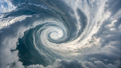 Time-lapse style shot of clouds spiraling in rotation, surreal yet realistic.