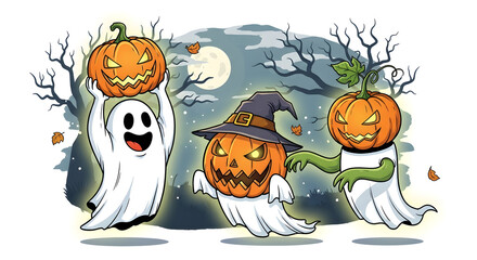 Happy Halloween Pumpkin-Head Ghost Trio with Handheld Jack-O’-Lanterns — Playful Nighttime Cartoon Ghosts Wearing Pumpkin Hats and Witch Cap