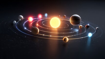 Stylized glowing solar system model showing planets orbiting sun on dark cosmic background.