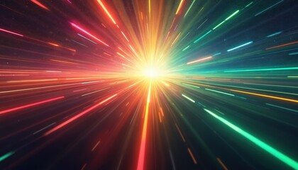 Abstract digital art with vibrant rainbow flash background. Lines, stripes in perspective converge to central point with explosive light speed rays, burst of bright light. Dynamic, glowing