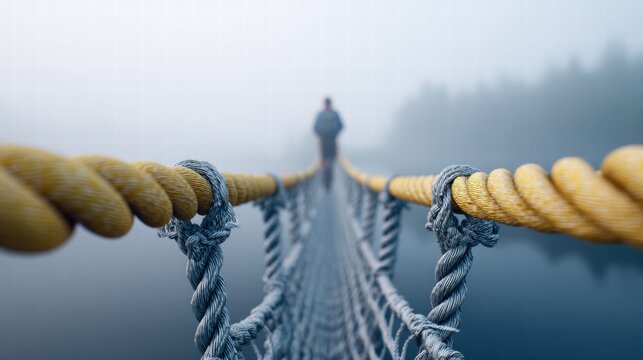 Fototapeta A solitary figure walks across a rope bridge through the morning mist, seeking adventure.