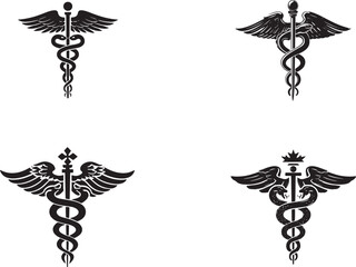 An emblem featuring the caduceus, the symbol of medicine with two snakes wrapped around it and a winged staff above.eps