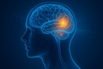 Futuristic Medical Illustration of Human Head in Profile with Glowing Neural Pathways and Highlighted Temporal Lobe