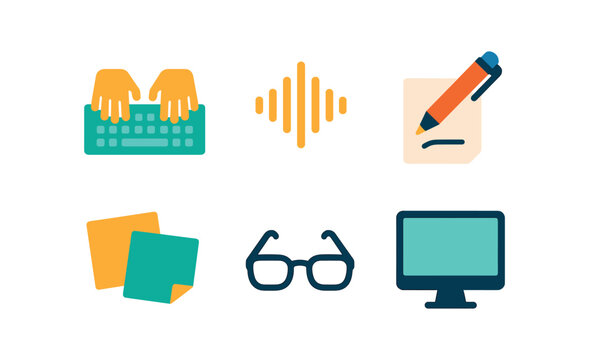 vector colorful flat filled icons transcriber (close up): fingers typing audio waveform pen on paper sticky notes glasses screen.