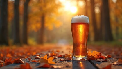 Glass of cold beer sits on wooden surface surrounded by fallen autumn leaves. Warm sunset light shines through trees, creating golden glow. Perfect for promoting seasonal drinks, Oktoberfest, fall