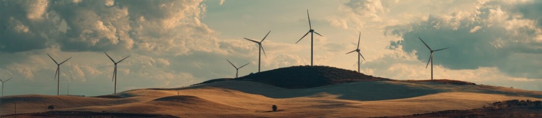 Wind turbines on a hilltop under a cloudy sky