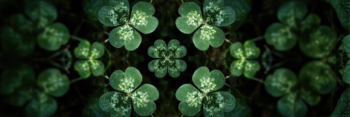 A kaleidoscopic pattern of vibrant green clover leaves, with intricate detail and a dark background