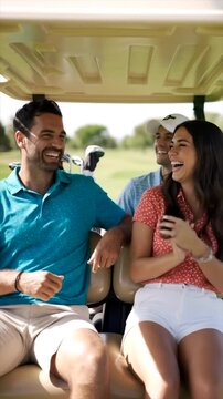 Two friends, a Hispanic man and a Middle-Eastern woman, share a joyful moment in a golf cart on a sunny day at the local golf club. Their laughter reflects the excitement of the day