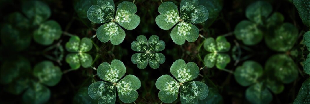 A kaleidoscopic pattern of vibrant green clover leaves, with intricate detail and a dark background - Powered by Adobe