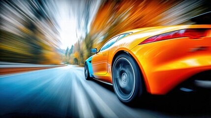 A dynamic shot of a fast orange sports car speeding on a road, with motion blur.