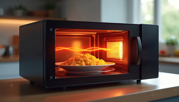 Microwave oven actively heats food with glowing waves. Internal view shows a plate of yellow food circulating within the operational appliance, a dynamic representation of cooking technology.