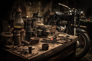 Dusty workshop scene with motorcycle