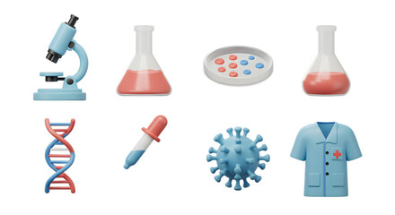 Obraz premium 3D Science and Medical Icons: Collection of Laboratory and Research Objects