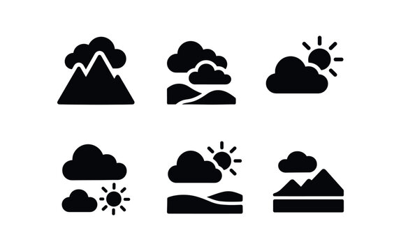 vector solid black filled icons passing clouds season (mountain): peaks rolling shadows shifting light crisp air patches of sun open view.