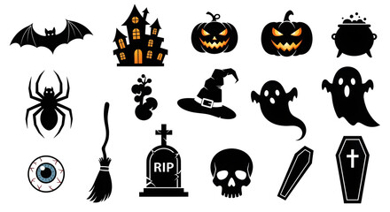 Black Halloween Icons Set — Vector Silhouettes of Bats, Spiders, Witches’ Hats, Haunted House, Pumpkins, Ghosts, Skulls and Coffins for Holiday Design
