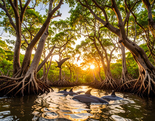 Dolphins swim through mangrove forest with sunlight breaking through canopy