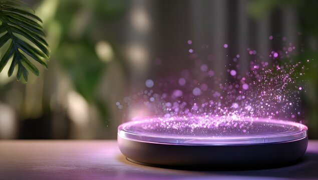 Circular device glows with ethereal light, surrounded by purple sparks