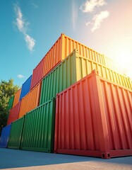 Brightly colored shipping containers stacked outdoors under sunny sky. Blue, green, orange, red metal boxes symbolize global trade, logistics, international commerce. Vibrant cargo units represent