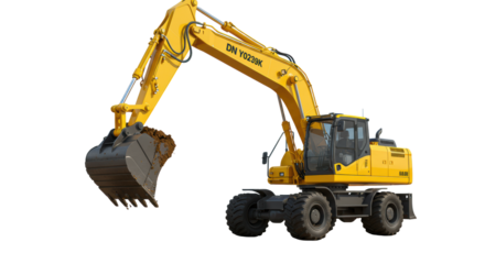 Yellow wheeled excavator with extended hydraulic arm and full digging bucket of earth on a blurred construction site in natural daylight. Concept of industrial development