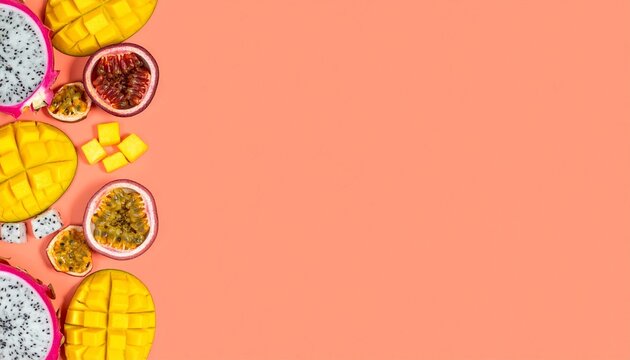 Vibrant tropical fruit selection with dragon fruit, mango, and passionfruit against a coral backdrop