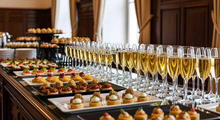Elegant catering display with champagne flutes and appetizers for a special event