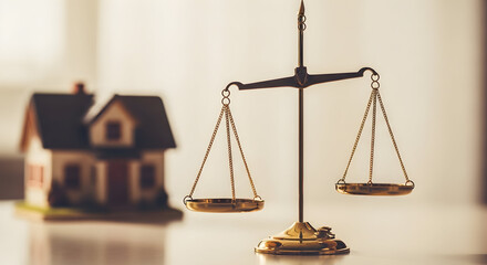 Scales of justice and miniature house representing real estate law and fairness