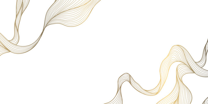 Vector abstract wave golden background, line curve design banner. Luxury glitter water, dynamic elements, japanese sea ornament, flow corners ornament.