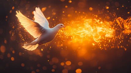 A white dove flies gracefully amidst a backdrop of fiery sparks and glowing particles, representing themes of freedom and transformation in a stunning visual display