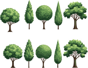 Fototapeta premium Variety of green trees, different shapes and sizes, vector illustration, natural landscape elements, garden design, nature environment, eco-friendly concept, plant collection.