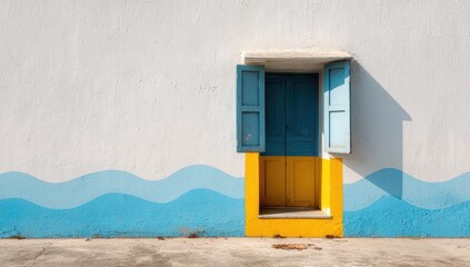 Light blue and yellow door,  shadowed by open shutters on a white wall with painted waves