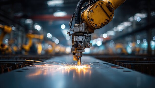 Industrial robot arm welding metal.  Bright sparks erupt as a yellow robotic arm performs precision welding on a metallic sheet.  Factory setting