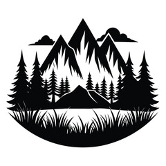 Obraz premium Black Silhouette Landscape Mountains, Trees, Grass, and Clouds in Minimalist Design