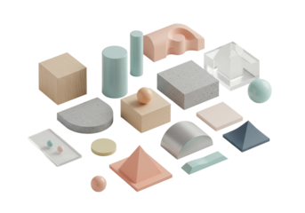 Pristine abstract geometric shapes crafted from wood, stone, metal, acrylic in neutral and accent tones, arranged on a white seamless surface with soft light. Strategic planning concept