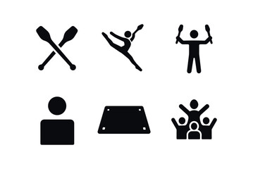 vector solid black filled icons rhythmic gymnastics (clubs): two clubs leap extended arms bright colors floor mat cheering crowd.