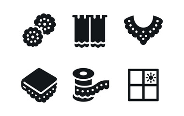 vector solid black filled icons lacemaker (shop display): lace doilies hanging curtains lace collars folded tablecloths ribbon trim window light.