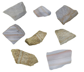 A collection of various multicolored sandstone rocks and stone fragments