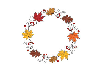 A circular autumnal wreath design features vibrant autumn leaves and berries on a black background.