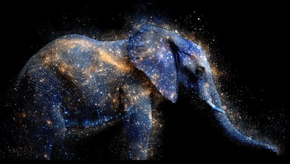 A stylized elephant, rendered in a cosmic dust effect, with a galaxy-like pattern covering its body and head against a black background