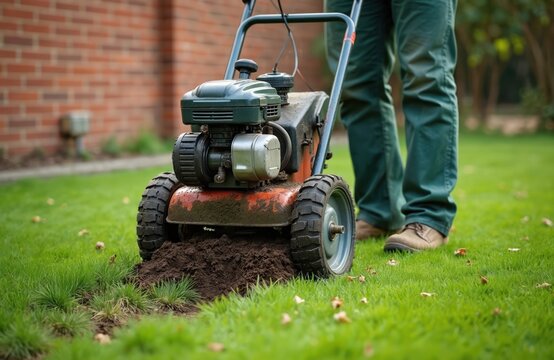 Gardener uses machine for lawn aeration, improving grass quality in spring. Scarifier tool breaks up soil, removing thatch, moss for healthy lawn renewal. Worker operates cultivation equipment on