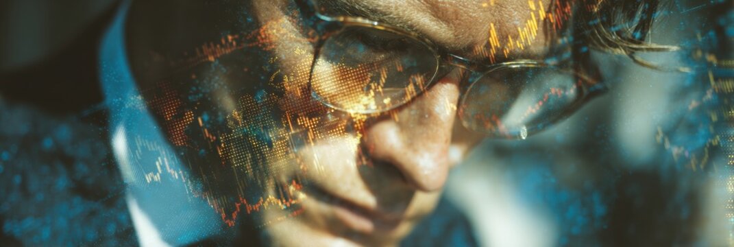Professional businessperson analyzing global financial data with digital overlays modern high-quality economic insight for corporate marketing and social media