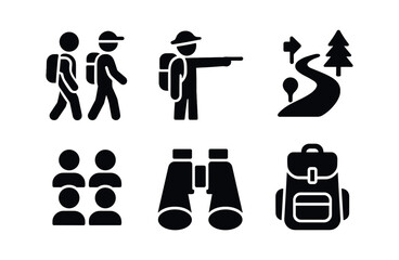 vector solid black filled icons knowledge sharing stage (outdoor): field trip guide nature trail group binoculars backpack.