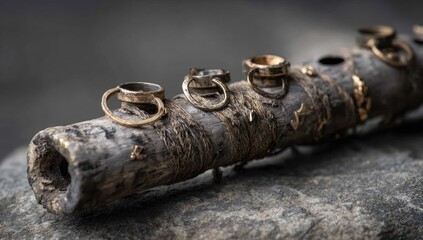 Close-up of ornate, aged wooden flute with metal rings